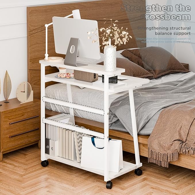 Rolling Computer Desk on Wheels for Small Space 3-Tiers Home Office Desk with Monitor Stand and Storage Shelves Freestanding Mobile Writing Table Laptop Table White