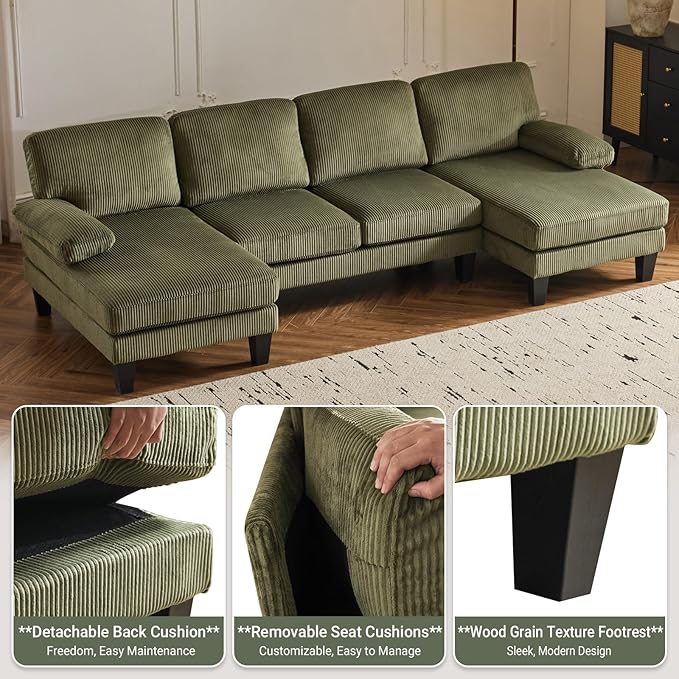 VINGLI 110 Sectional Couches for Living RoomU Shaped Couch with Double Chaise 4-Seat Sofa Set with Corduroy Fabric for Home FurnitureGreen