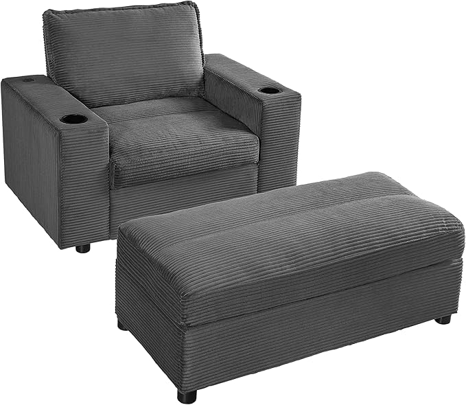 42.8 Oversized Chaise Lounge Chair with Storage Ottoman Corduroy Sofa Bed with Cup Holders &amp USB Charging Port Upholstered Sleeper Chair for Living Room BedroomGrey