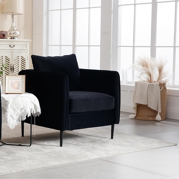 Mid-Century Modern Velvet Accent Chair - Plush Upholstered Armchair with Metal Legs 300lb Capacity Comfy Reading Chair for Living Room Bedroom or Office (Black)