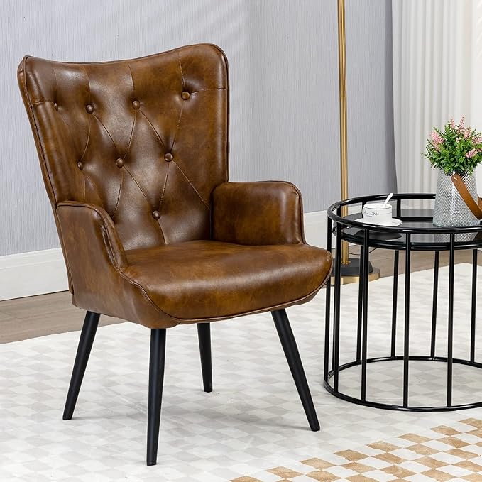 Furniliving PU Leather Accent Chair for Living Room Upholstered Reading Chair with High Backrest Tufted-Button Wingback Armchair for Bedroom Dressing Room Home Office Brown