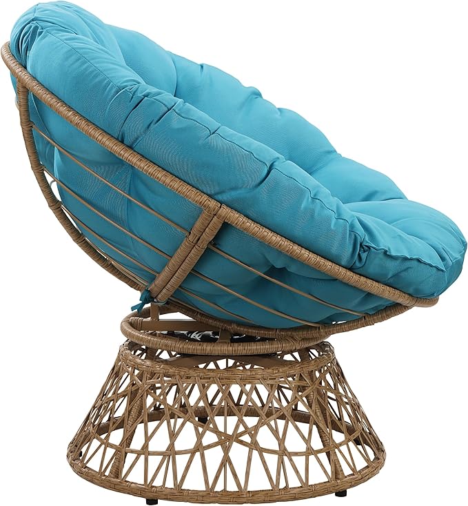 OSP Home Furnishings Wicker Papasan Chair with 360-Degree Swivel Natural Frame with Blue Cushion