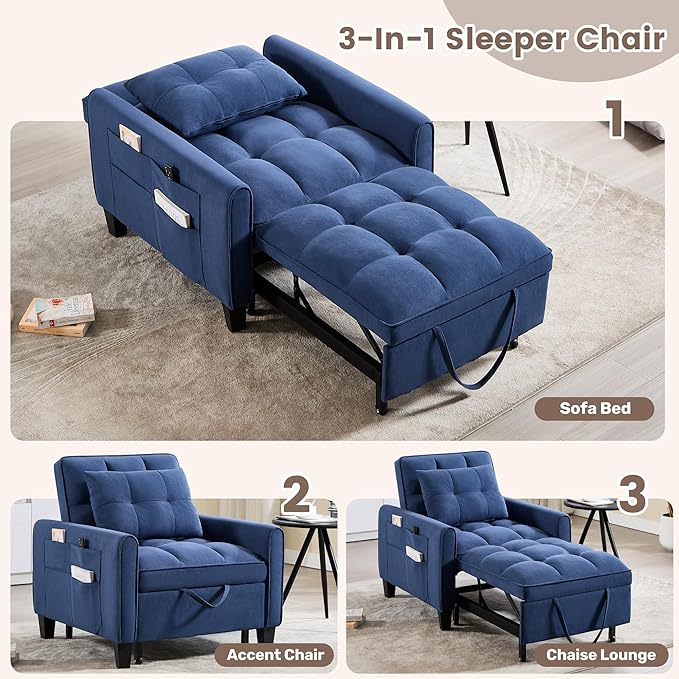 Convertible Sleeper Chair 3 in 1 Sleeper Chair Bed Pull Out Sofa Bed Chair Single Sofa Bed Adjustable Backrest Chairs Bed Sleeper for Adults Reading Living Room Bedroom Velvet Blue