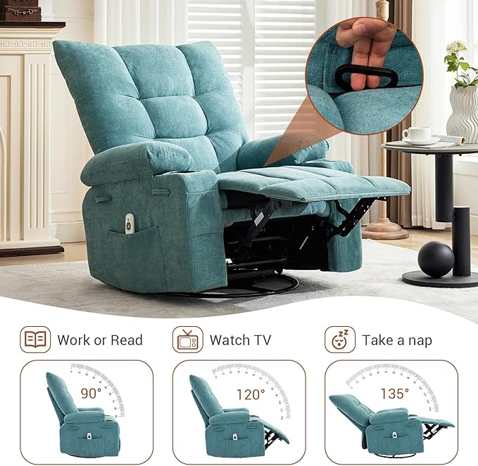 GarveeHome Swivel Rocker Recliner Chair with Massage and Heat Oversize Ergonomic Lounge Single Sofa with Side Pocket Cup Holders for Living Room Bedroom (Oversized Blue)