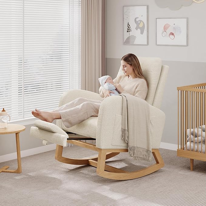 GarveeHome Nursery Rocking Chair with Adjustable Footrest Teddy Fleece Upholstery Sturdy Wooden Legs &amp High Backrest Comfortable Glider Rocking Chair for Living Room or Bedroom White