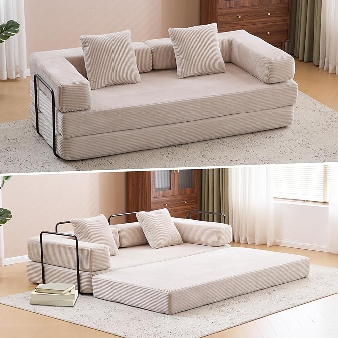 Corduroy Light Grey Folding Convertible King Size Sofa Bed with Pillows Modern Floor Couch 76.77L x 37.4W x 23.62H