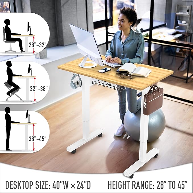 SHW 40-Inch Mobile Electric Height Adjustable Sit to Stand Desk with Drawer Hanging Hooks and Cable Management Oak