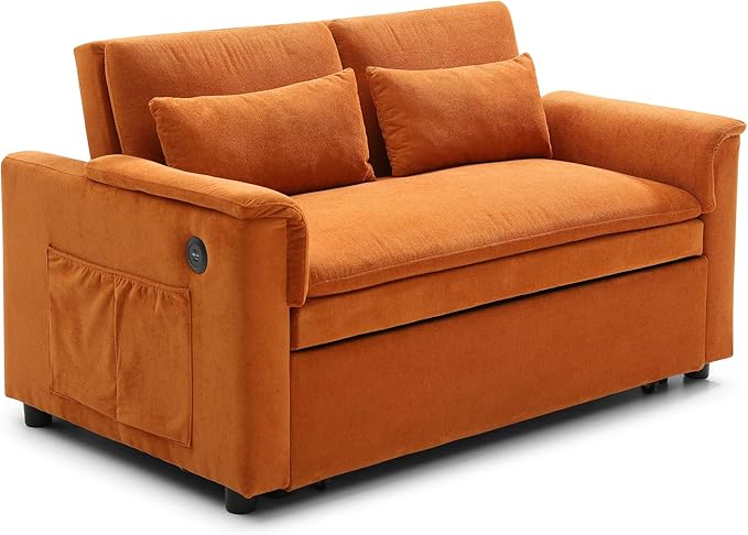 3 in 1 Convertible Sofa Bed with USB Ports - 55 Modern Velvet Sleeper Loveseat with Adjustable Backrest Pull-Out Bed 2 Pillows &amp Storage Pockets Space Saving (Orange)