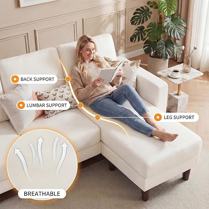 Homall 3 Seat Couch L Shape Sofa with Side Storage Pockage Sectional Couches with Reversible Ottoma Upholstered Sofa for Living Room and Small Spaces (Linen Fabric Cream)