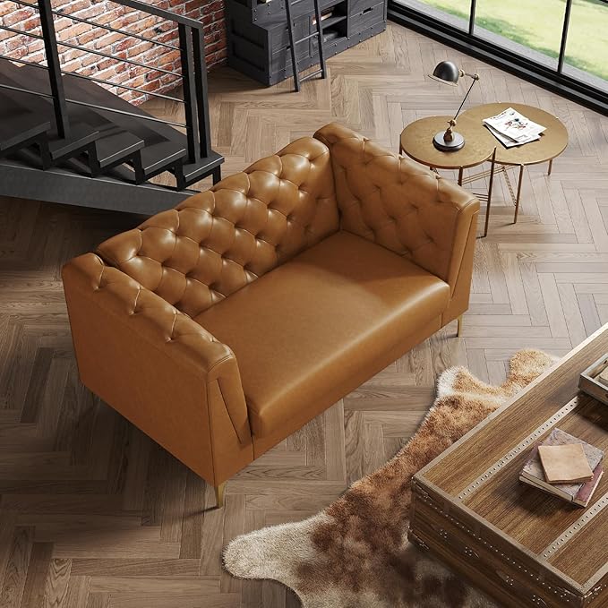 60 Mid-Century Modern Sofa CouchFaux Leather 2 Seater Sofa and Comfortable CushionsComfy Deep Seats Sofa Modern Couch for Living RoomOffice Apartment Small SpaceTool-Free AssemblyBrown
