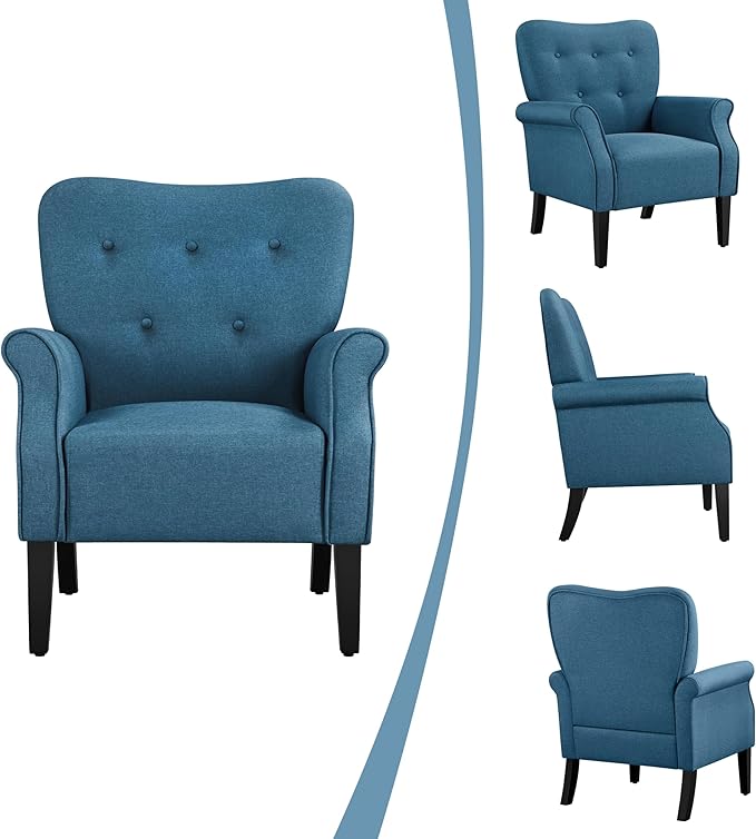 Yaheetech Modern Armchair Mid Century Accent Chair with Sturdy Wood Legs and High Back for Small Space Upholstered Fabric Sofa Club Chair for Living Room/Bedroom/Office Set of 2 Navy Blue