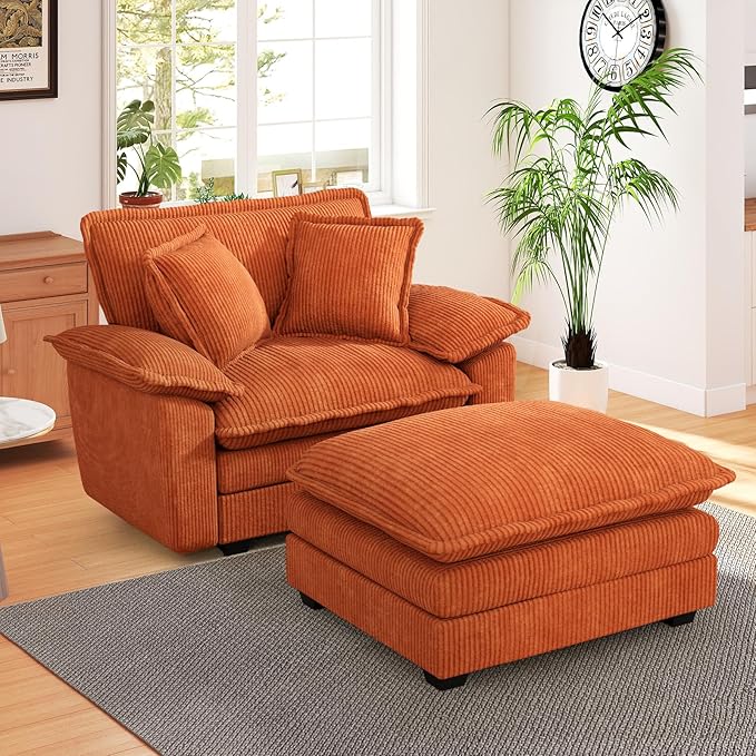 48 W Oversized Chaise Lounge Chair Indoor with Ottoman Upholstered Cloud Accent Chair with Extra Wide Armrests Comfy Green Corduroy Sleeper Chair for Living Room Bedroom Reading (Orange)