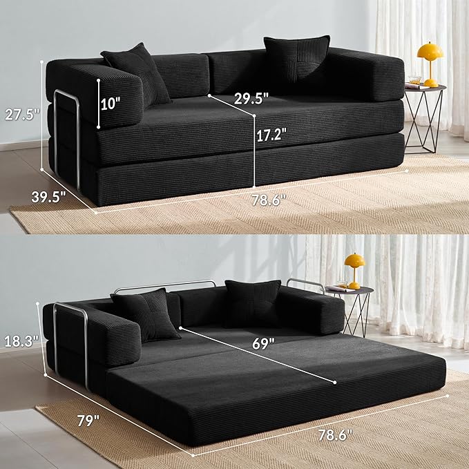 Compression Sofa - 78''Convertible Floor Sofa Bed - with Pillow Back Support Armrest - Comfy Foldable Sofa Bed Compressed Sofa in Box - Corduroy Fabric - for Living Room Bedroom - Obsidian
