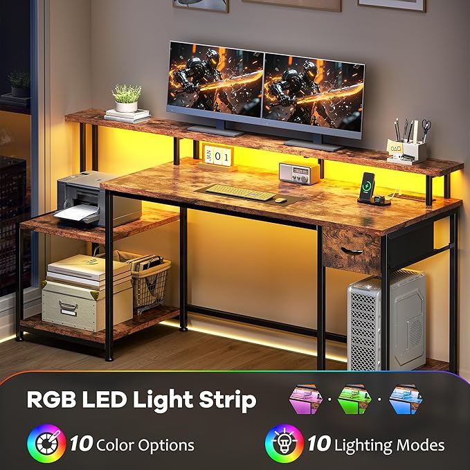 55 Inch Computer Desk with DrawerOffice Desk with Printer Storage Shelves &amp File CabinetGaming Desk with LED &amp Power OutletStudy Table with Monitor Shelf for Home Office Dorm BedRoom Rustic