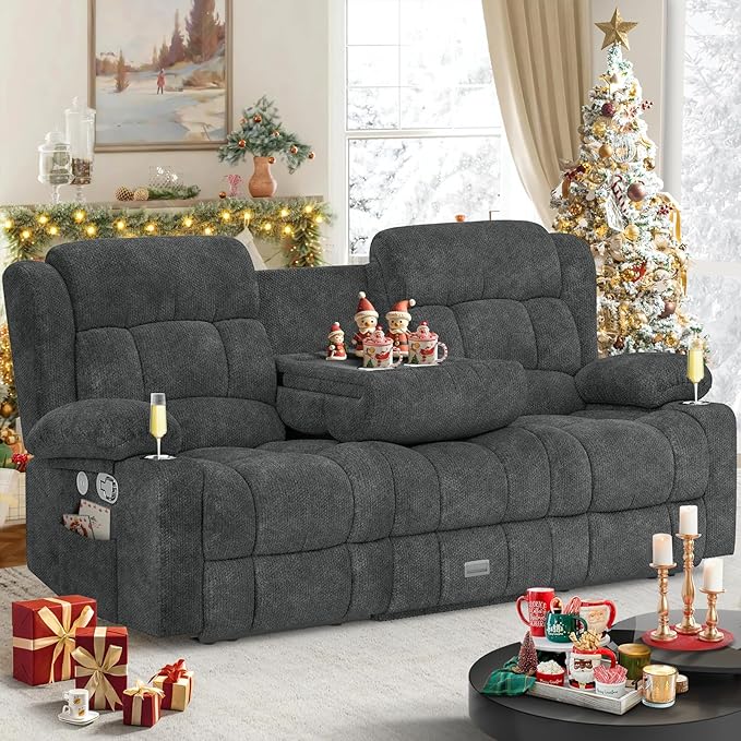 Loveseat Recliner Sofa Flip Middle Backrest Design 3 Seat Reclining Sofa with Storage Drawer USB Ports &amp Cup Holders Manual Couch for Living Room/RV (Gray)