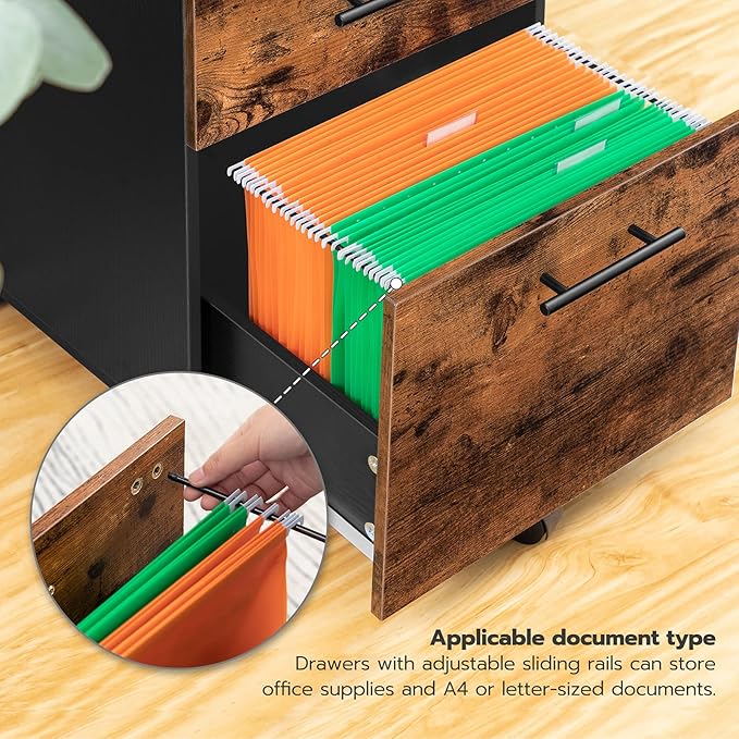 HOOBRO 3-Drawer File Cabinet Wooden Under Desk Filing Cabinet fits A4/Letter Size for Home Office Small Rolling Storage Drawer Chest Printer Stand with Drawers Rustic Brown and Black BF02WJ01G1
