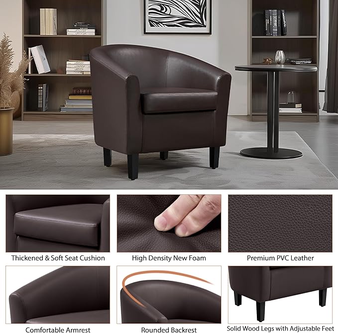 Yaheetech PU Leather Accent Chairs Modern Barrel Chairs Side Chairs Comfy Club Chairs with Soft Padded 2 Chairs for Living Room/Bedroom/Reading Room Espresso Set of 2