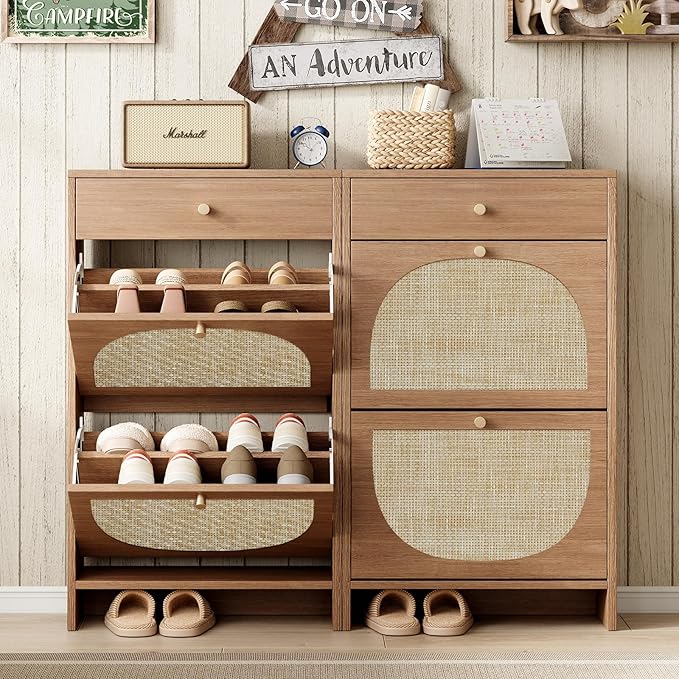 Nicetree Shoe Cabinet for Entryway Slim Shoe Rack with 2 Flip Drawers and Top Storage Drawer Narrow Shoe Organizer with Arched Rattan Accent Entryway Shoe Storage for Size 12 Shoes Caramel
