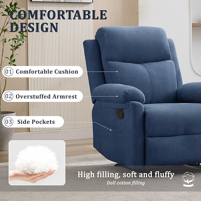 Recliner Chair Manual Recliner for Adults with Side Pocket Small Recliners for Small Spaces Adjustable Comfy Overstuffed Corduroy Reclining Chairs for Living Room Reading Bedroom Blue