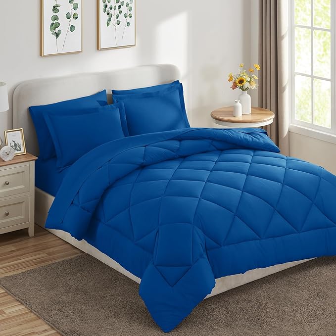 CozyLux Queen Comforter Set Classic Blue - Bed in a Bag Queen Size 7 Pieces Luxury Soft Bed Set for All Seasons Bedding Set with Down Alternative Comforter Sheets Pillowcases &amp Shams