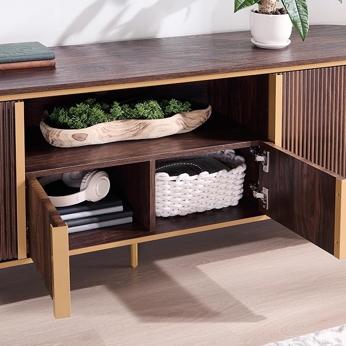 OKD Luxury 70 Fluted TV Stand Modern Chic Entertainment Center for TVs Up to 80 inches TV Console with Faux Marble Top Curved Profile Design Media Console for Living Room (Dark Walnut)