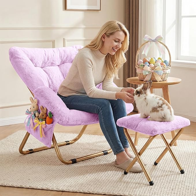Comfy Saucer Chair Foldable Living Room Chairs Soft Faux Fur Lounge Chair for Bedroom Reading Chairs for Adults Teens X-Large (Lavender)