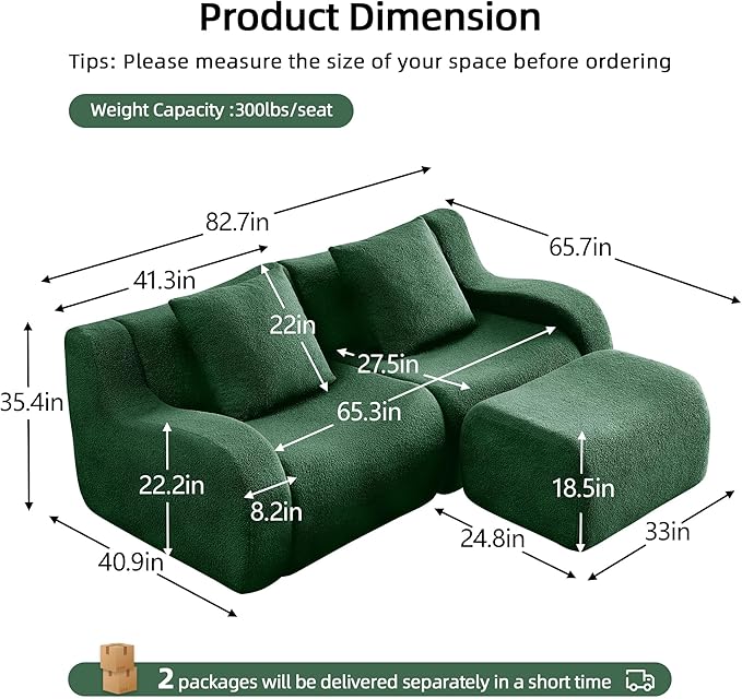82.7'' Modular Sectional Sofa Boneless Couch L Shaped Sectional Couches for Living Room with Deep Seat and Ottoman Comfy Teddy Cloud Couch Loveseat Small Couches for Small Spaces Green