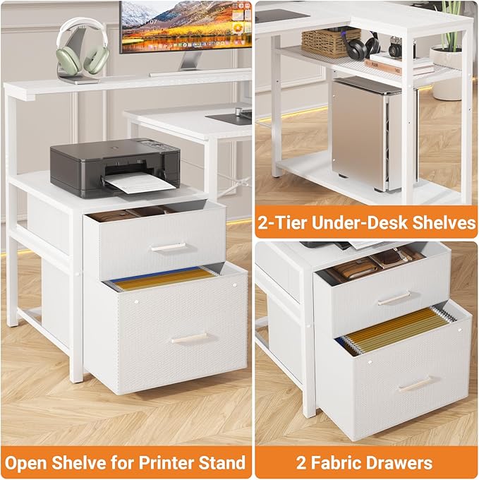 Aheaplus L Shaped Desk with File Drawer Reversible L Shaped Computer Desk Gaming Desk with Power Outlet &amp LED Strip Home Office Desk with Monitor Shelf Corner Desk with Storage Shelves White