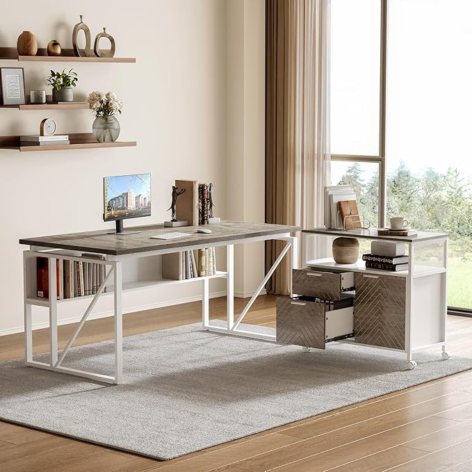 LITTLE TREE 63-Inch Office Desk with 31.5-Inch Lateral File Cabinet Study Writing Desk Computer Desk for Home Office