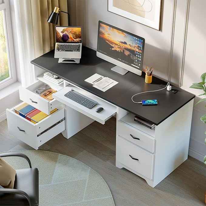 Bestier 59” Computer Desk with 4 Drawers Office Desk with Storage Modern Executive Desk with Charging Station Keyboard Tray &amp Wooden Pedestals on Both Sides for Home Office &amp Studio White