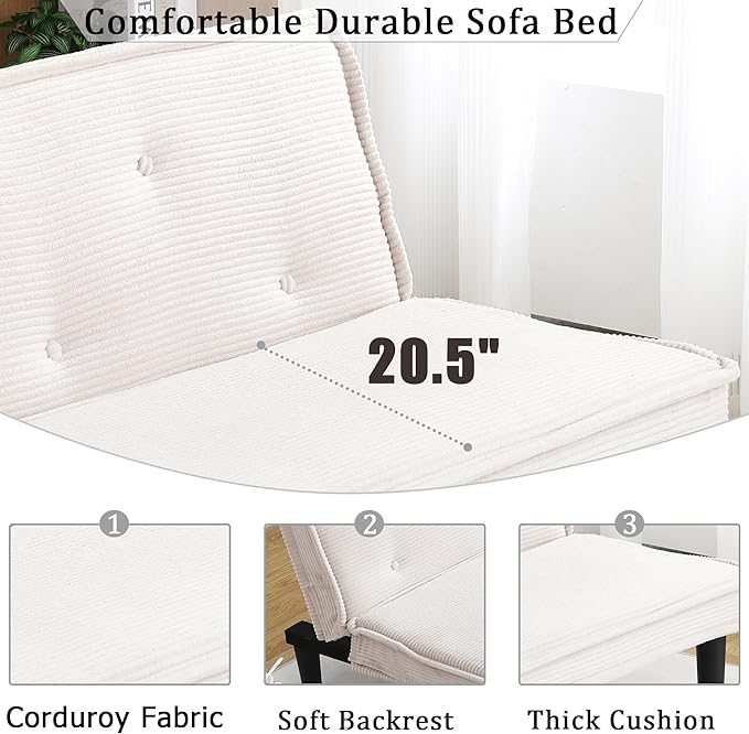 66” Armless Corduroy Sofa Bed 2-in-1 Convertible Sleeper Sofa with Tufted Back Soft Skin-Friendly Fabric Small Futon for Apartments Living Room Bedroom (White)