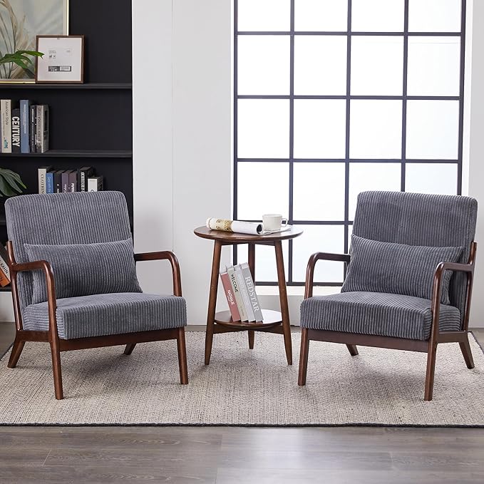 Furniliving Wooden Accent Chairs Set of 2 for Living Room Upholstered Reading Chair with Sturdy Wood FrameCorduroy Lounge Armchairs for Bedroom Indoor &amp Outdoor Patio Furniture Walnut Darkgre