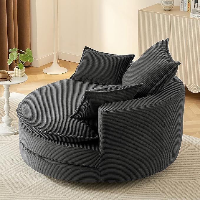 Eafurn 57.5 Oversized Swivel Barrel Chair with Dual-Layer Cloud Cushion Modern Corduroy Accent Round Chair for Living Room 360° Rotating Lounge Armchair with 3 Pillows for Bedroom &amp Reading Noo