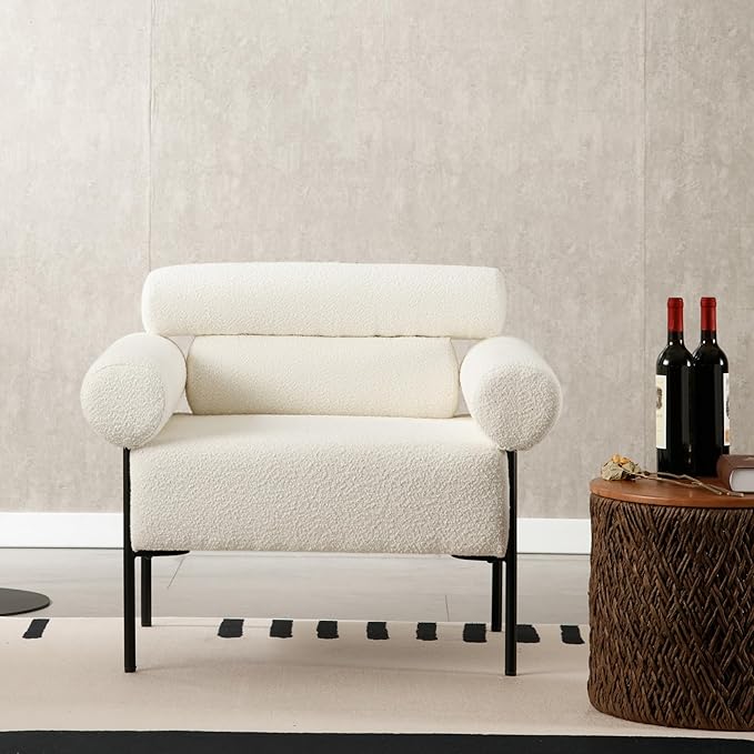 White Boucle Accent Chair Armchair Modern Accent Chair Oversized Leisure Reading Arm Chair Single Sofa for Living Room