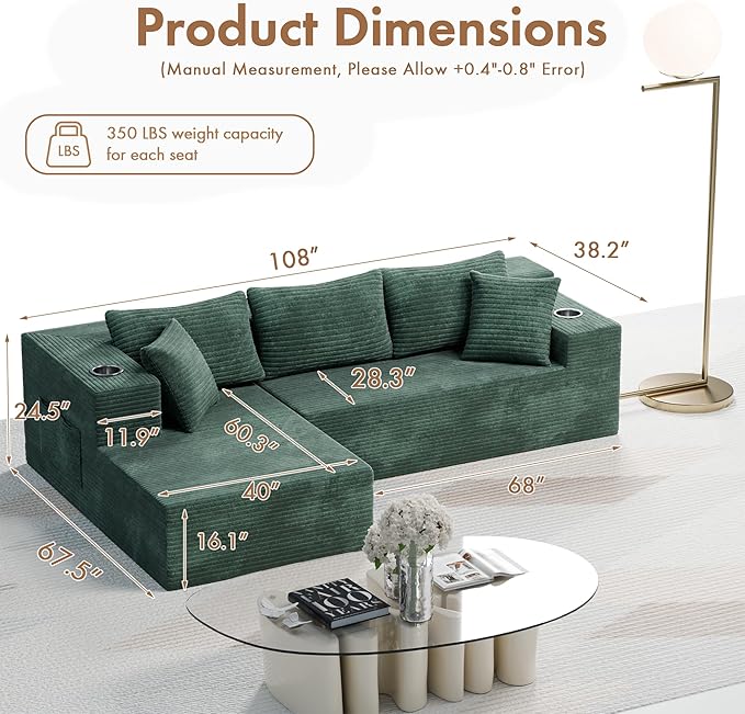 Realbear 108 Cloud Sectional Couch Sofa with L-Shape Chaise Modular Sectional Couch with Deep Seat for Living Room Bedroom No Assembly Required (Green 108 Left Facing Chaise)