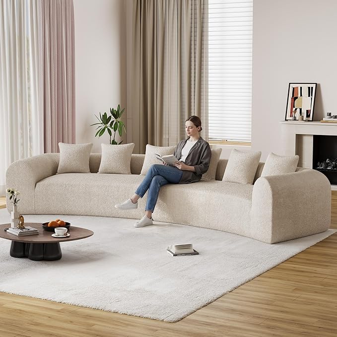 157 Oversized Curved Sofa Sectional Couch Chenille Cloud Couches Wide Armrest Deep Seat 6-Seater High Density Foam Sofas with 6 Pillows for Living Room No Assembly Needed Beige White