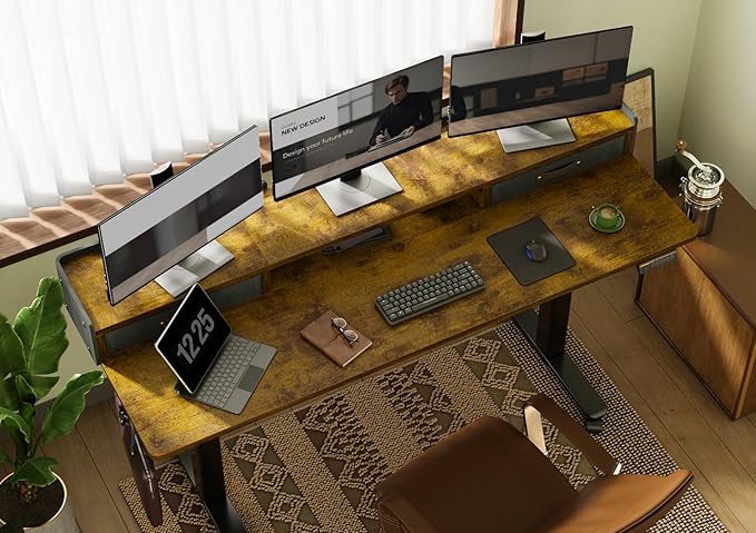 Claiks Standing Desk with Drawers Adjustable Stand Up Electric Standing Desk Adjustable Height with Storage Shelf and Splice Board 63 Inch Rustic Brown