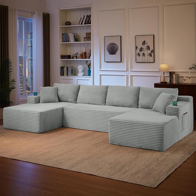 134 Inch U-Shaped Sectional Couch Oversized Modular Corduroy Sofa with Double Chasies 4-Seater Modern Deep Seat Boneless Cloud Couch for Living Room No Assembly Required Light Gray