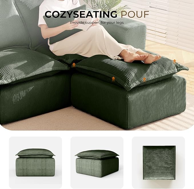 Green Corduroy Pouf for Modular Sectional Sofa Matching Accessory for Living Room Bedroom and Apartment