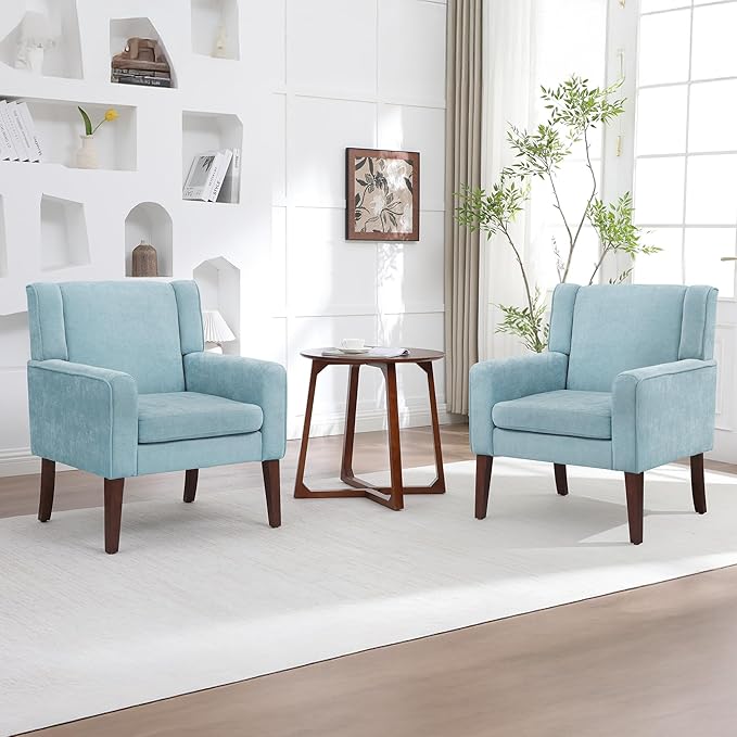 Accent Chairs Set of 2 Mid-Century Reading Chair with Wood Legs Upholstered Comfy Living Room Chair for Bedroom Apartment Waiting Room Light Blue