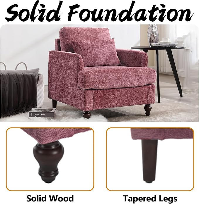 Oversized Accent Chair with Lumbar Pillow Upholstered Side Chairs for Living Room Bedroom Comfy Reading Chairs for Adults with Wide Seat Thick Cushion Soft Chenille (Wine Red)