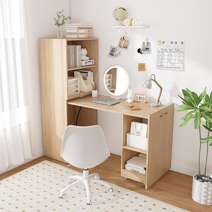 Folding Computer Desk with WheelsHideaway Desk with Storage Shelves Murphy Desk for Small Apartments and Offices