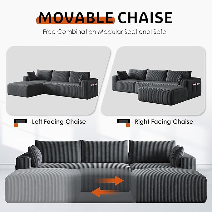 108 Cloud Couch Modular Sectional Sofa for Living RoomL Shaped Boneless Couch with Deep Seat ChaiseNo Assembly Required Foam Sleeper Sofa for ApartmentsPlush Corduroy Fabric Dark Gray