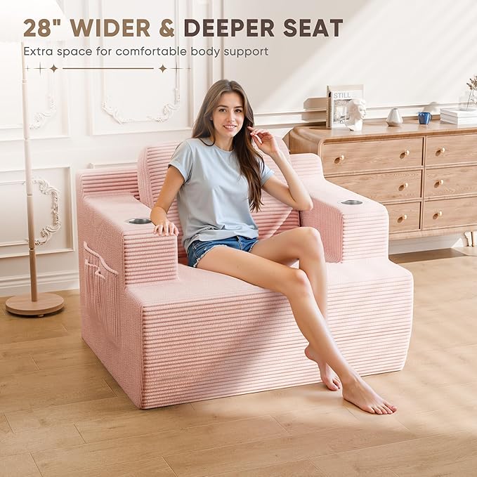 Homall 42” Single Sofa Foam Couch for Small Spaces Upholstered Floor Sofa with Cup Holder &amp Storage Pocket Boneless Couch for Bedroom Living Room (Pink Single)