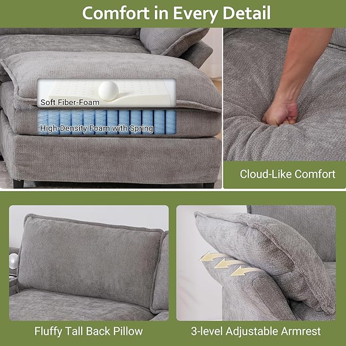 124 Cloud Couch Sectional Modular U Shaped Couch with Movable Ottomans Modern Deep Seat Sofas for Living Room Comfy Chenille Sectionals with Central Console &amp Bluetooth Speakers (Grey)