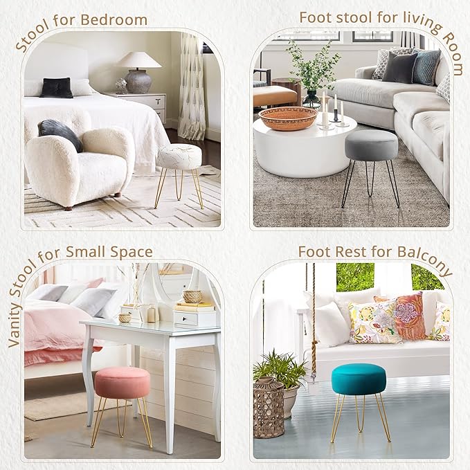LUE BONA Vanity Stool Gold Vanity Stools for Makeup Room Round Ottoman Foot Stool Velvet Footrest Vanity Chair for Bathroom Vanity Bedroom Living Room Entryway Offices 300lbs