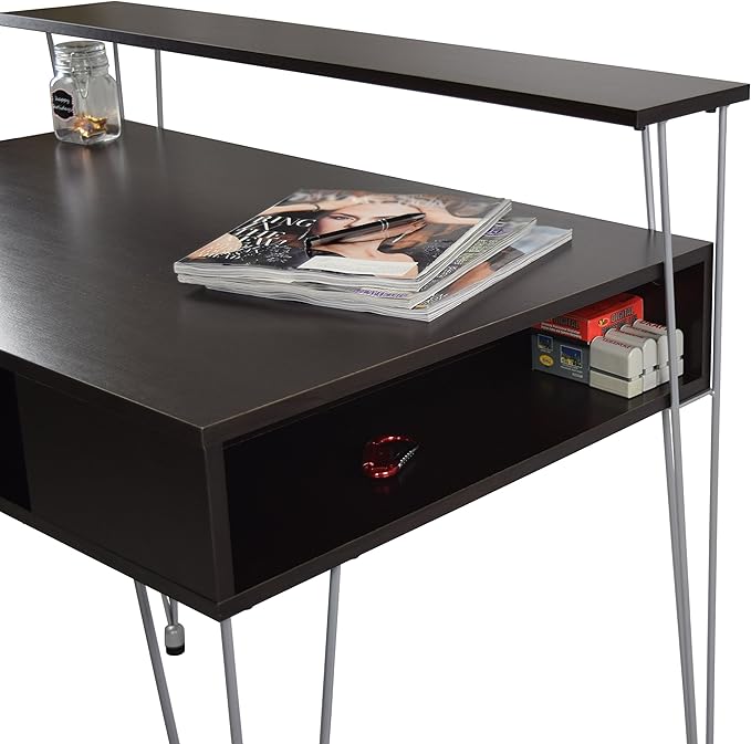 Proman Products Marcus Jr. Modern Home Office Desk with Storage – Functional Computer Writing Desk with Dual Side Compartments Large Hidden Storage Raised Display Shelf