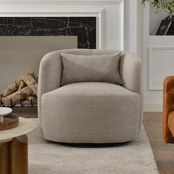 KINWELL 34 Wide Boucle Swivel Barrel Chair No Assembly Round Upholstered Armchair Accent Chair Single Sofa Chair with Toss Pillow for Living Room and Bedroom Taupe