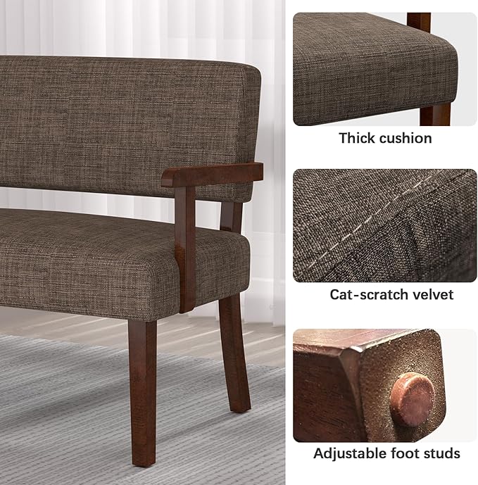 Accent Chair 2 Seat Upholstered Reading Leisure Chair Bench with Solid Wood Frame for Dining ReadingWaiting Rooms (Brown)