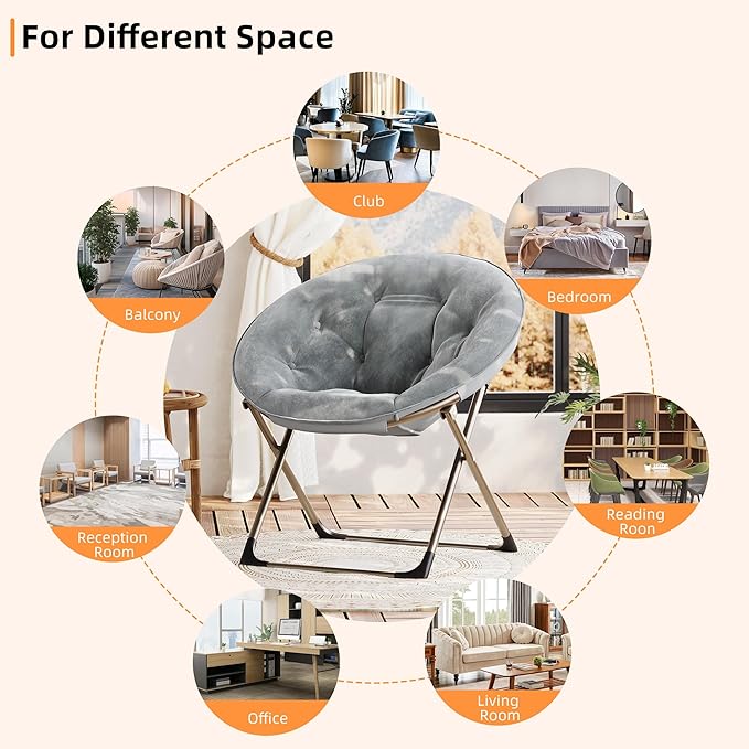 Saucer ChairFaux Fur Comfy Folding Chair with Folding Metal Frame Oversized Plush Flower Accent SeatLounge Moon Chair for Bedroom Dorm or Living RoomGrey